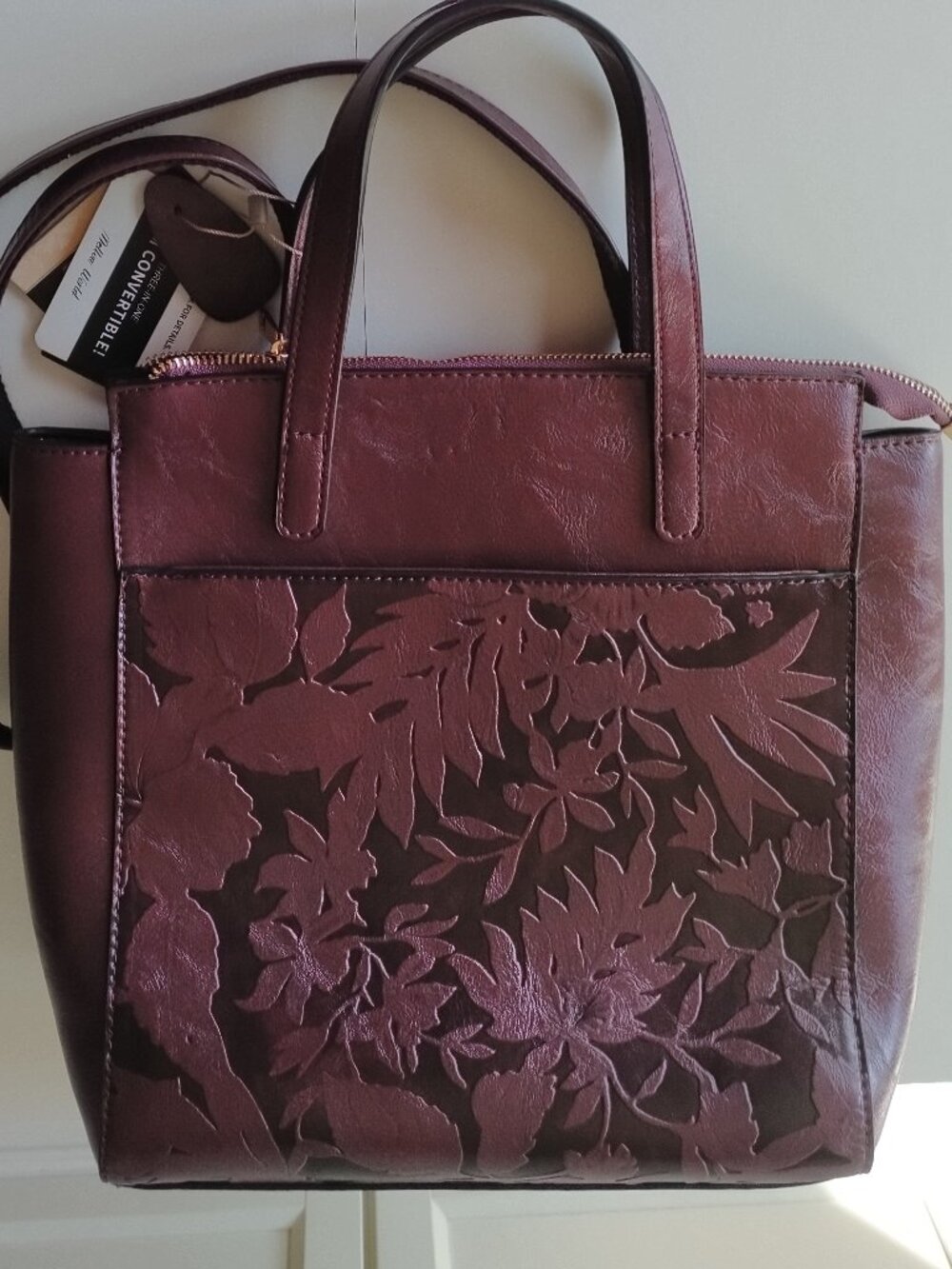 Convertible 3-way handbag/crossbody/backpack Vegan Leather Burgundy Embossed NEW - Picture 4 of 14